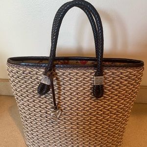 Brighton Beige Leather Braided Basket Weave Double Handle Snap Tote Bag w Charms